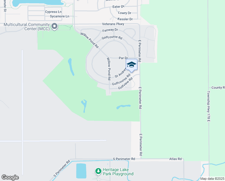 map of restaurants, bars, coffee shops, grocery stores, and more near 1504 Golfview Road in Rantoul
