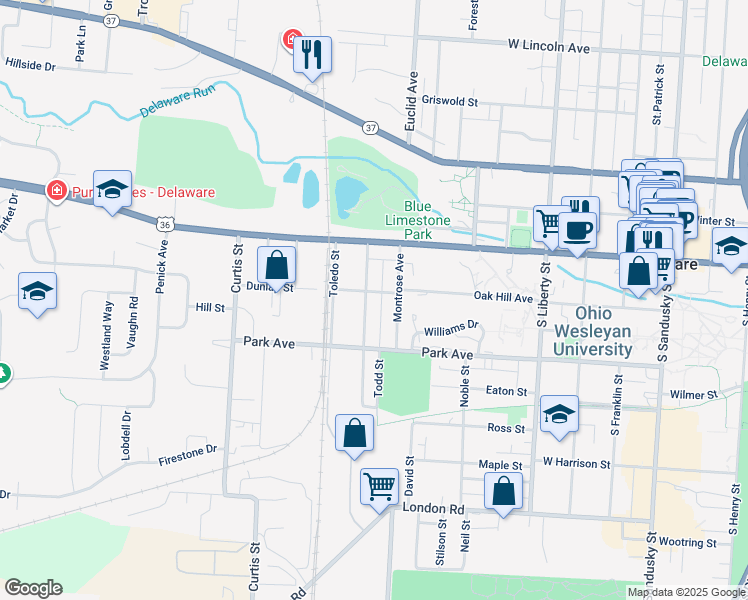 map of restaurants, bars, coffee shops, grocery stores, and more near 47 Columbus Avenue in Delaware