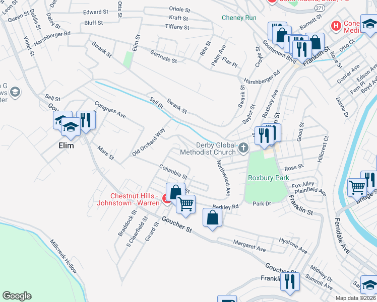 map of restaurants, bars, coffee shops, grocery stores, and more near 352 Derby Street in Johnstown