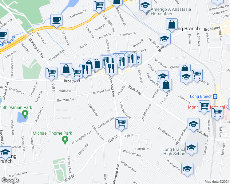 map of restaurants, bars, coffee shops, grocery stores, and more near 63 Norwood Avenue in Long Branch