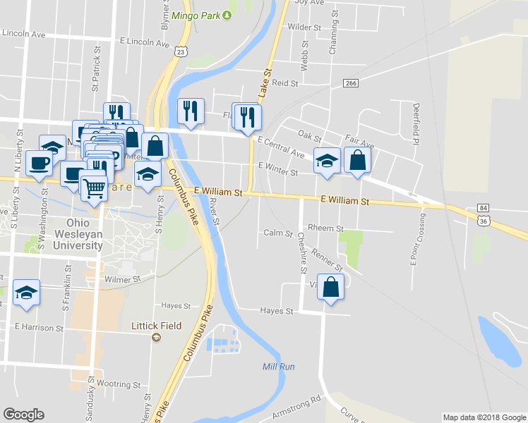 map of restaurants, bars, coffee shops, grocery stores, and more near 27 Frank Street in Delaware