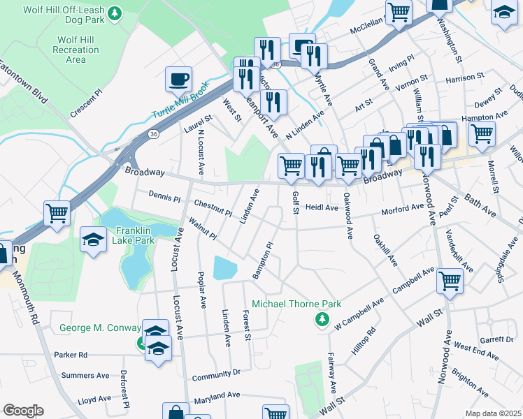 map of restaurants, bars, coffee shops, grocery stores, and more near 5 Forest Street in West Long Branch