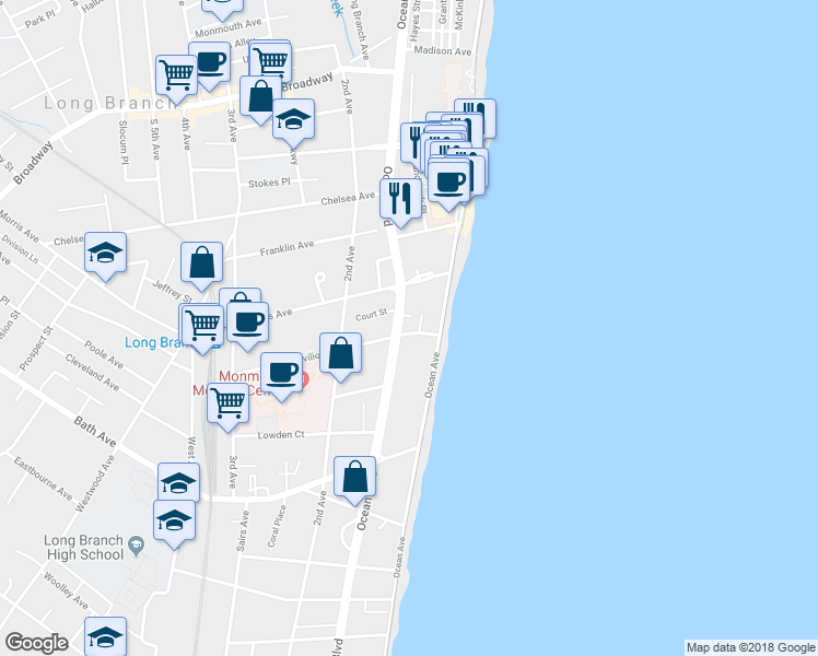 map of restaurants, bars, coffee shops, grocery stores, and more near 31 Pavilion Avenue in Long Branch