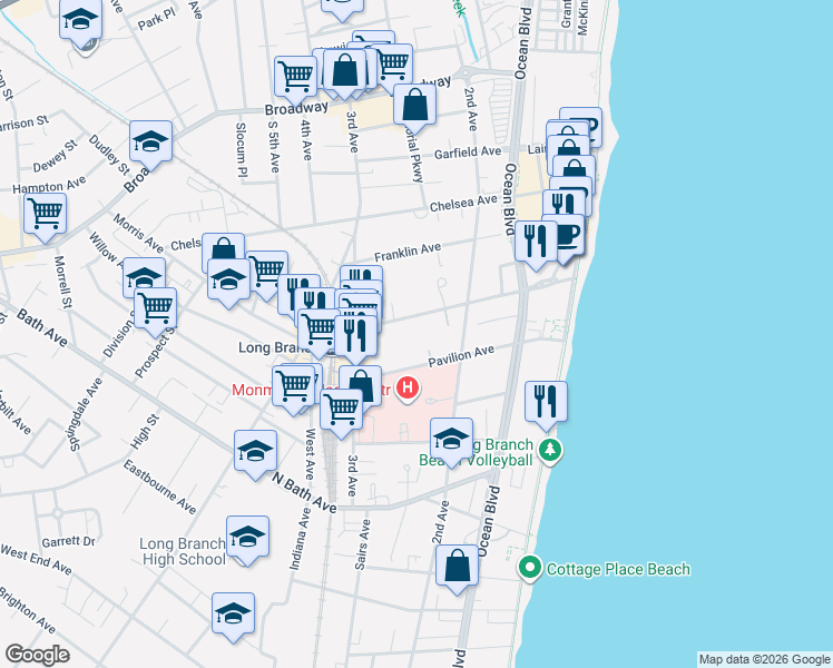 map of restaurants, bars, coffee shops, grocery stores, and more near 130 Morris Avenue in Long Branch