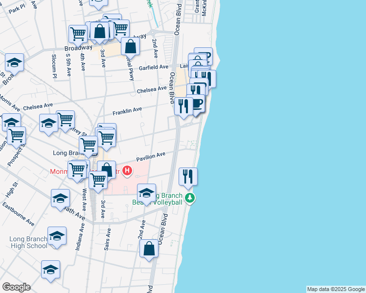map of restaurants, bars, coffee shops, grocery stores, and more near 220 Ocean Avenue in Long Branch