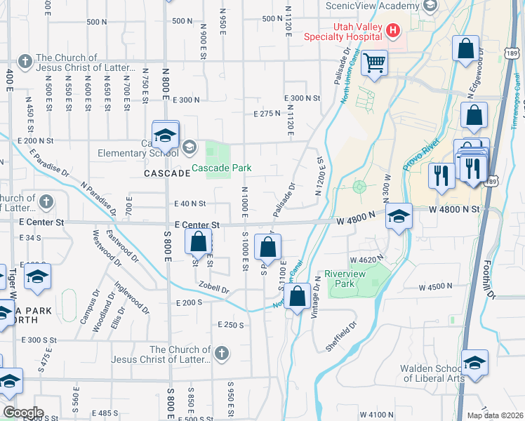 map of restaurants, bars, coffee shops, grocery stores, and more near 1030 East 20 North in Orem