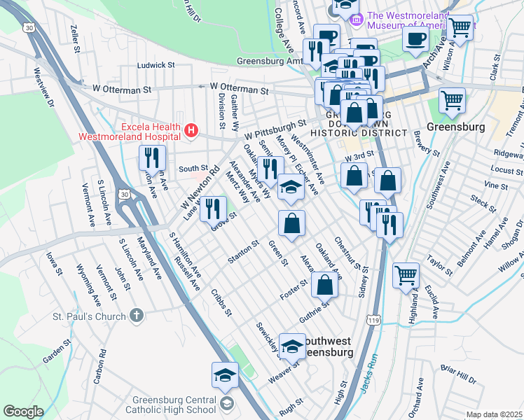 map of restaurants, bars, coffee shops, grocery stores, and more near 316 Alexander Avenue in Greensburg