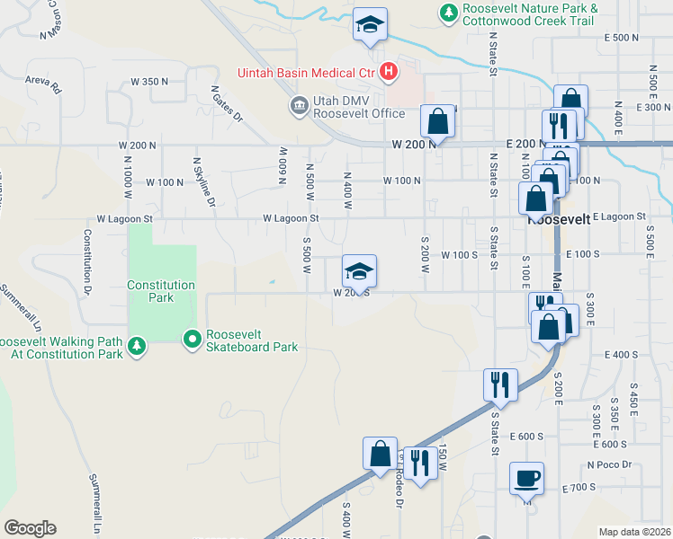 map of restaurants, bars, coffee shops, grocery stores, and more near 144 South Alta Street in Roosevelt