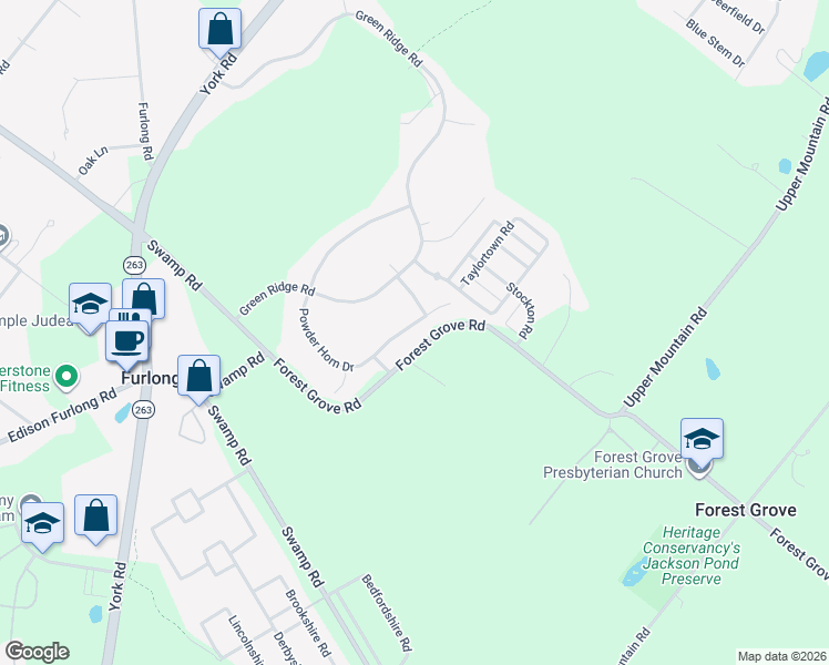 map of restaurants, bars, coffee shops, grocery stores, and more near 3670 Powder Horn Drive in Furlong