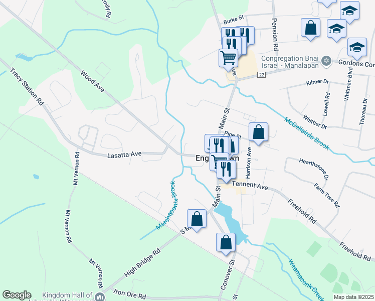 map of restaurants, bars, coffee shops, grocery stores, and more near 30 Water Street in Englishtown