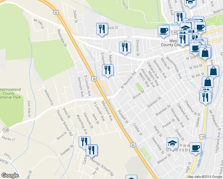map of restaurants, bars, coffee shops, grocery stores, and more near 148 South Hamilton Avenue in Greensburg