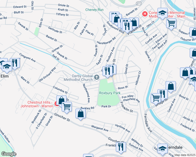 map of restaurants, bars, coffee shops, grocery stores, and more near 147 Derby Street in Johnstown