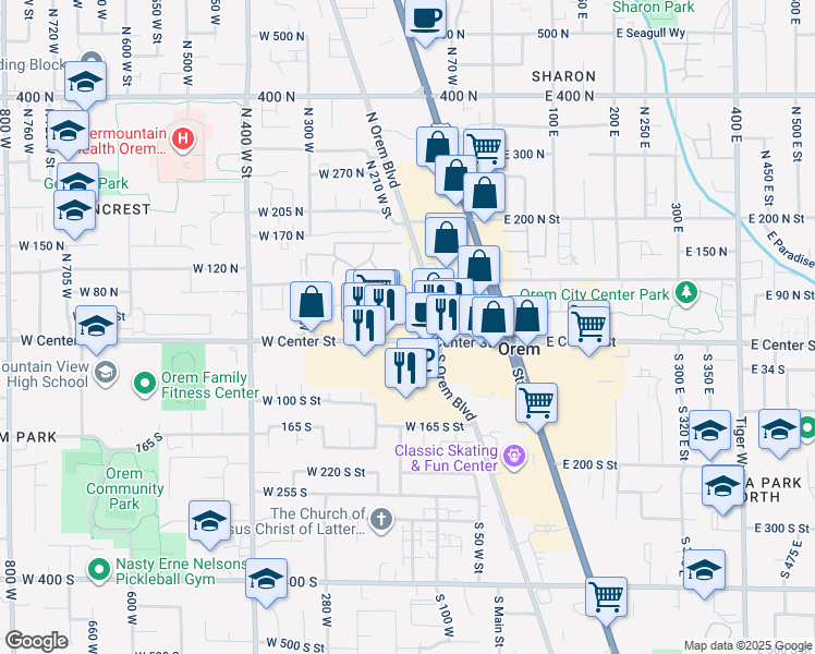 map of restaurants, bars, coffee shops, grocery stores, and more near 130 West Center Street in Orem