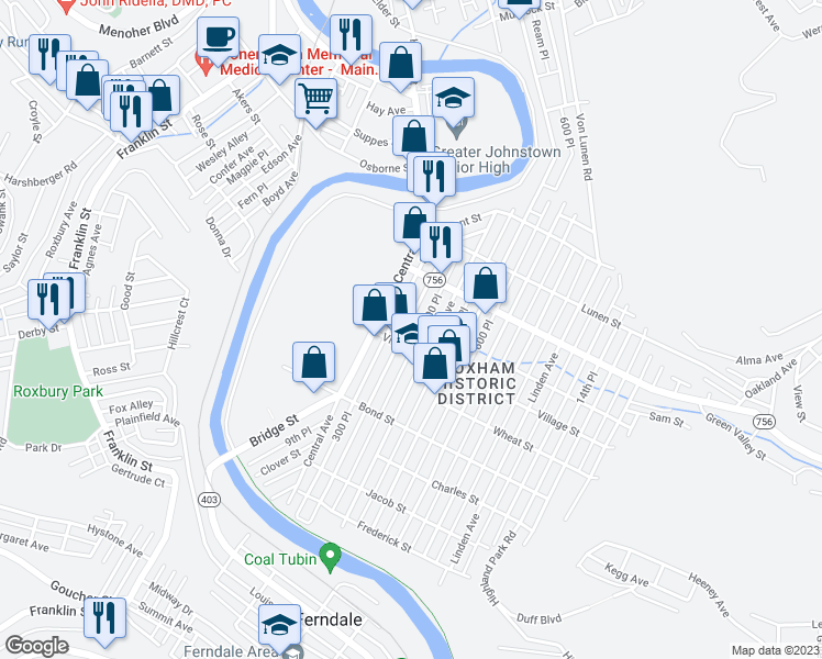 map of restaurants, bars, coffee shops, grocery stores, and more near 554 Coleman Avenue in Johnstown