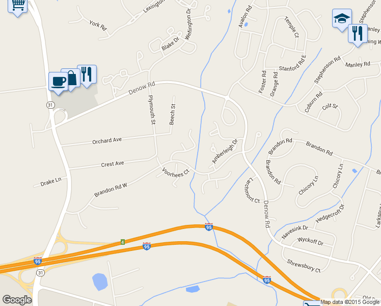 map of restaurants, bars, coffee shops, grocery stores, and more near 410 Bollen Court in Pennington