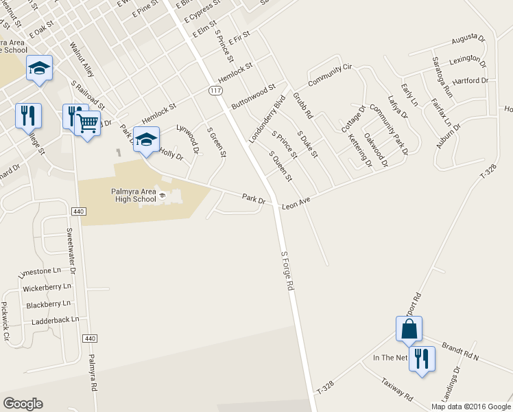 map of restaurants, bars, coffee shops, grocery stores, and more near 1330 Mill Pond Way in Palmyra