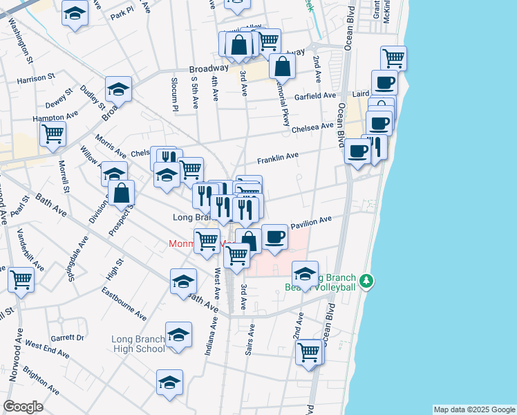 map of restaurants, bars, coffee shops, grocery stores, and more near 180 Morris Avenue in Long Branch
