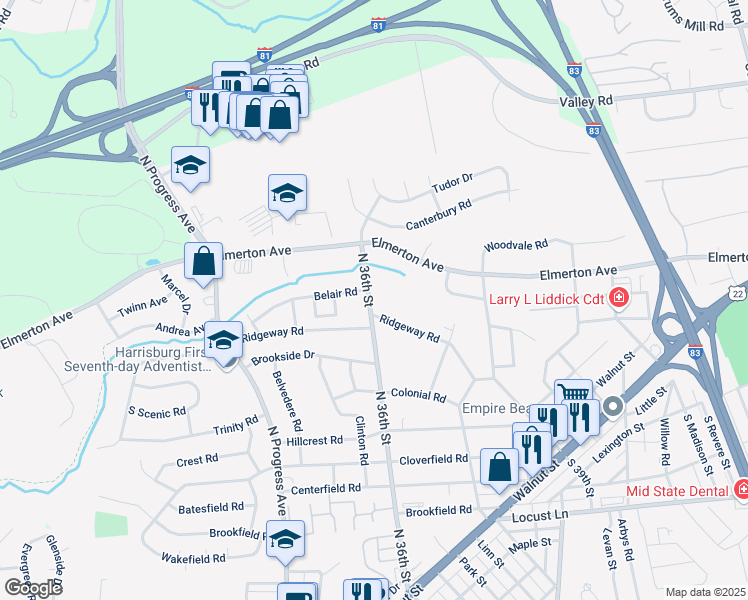 map of restaurants, bars, coffee shops, grocery stores, and more near 509 North 36th Street in Harrisburg