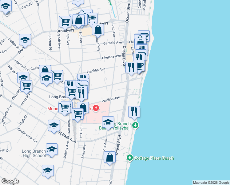 map of restaurants, bars, coffee shops, grocery stores, and more near 66 Court Street in Long Branch