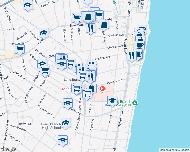 map of restaurants, bars, coffee shops, grocery stores, and more near 166 Morris Avenue in Long Branch