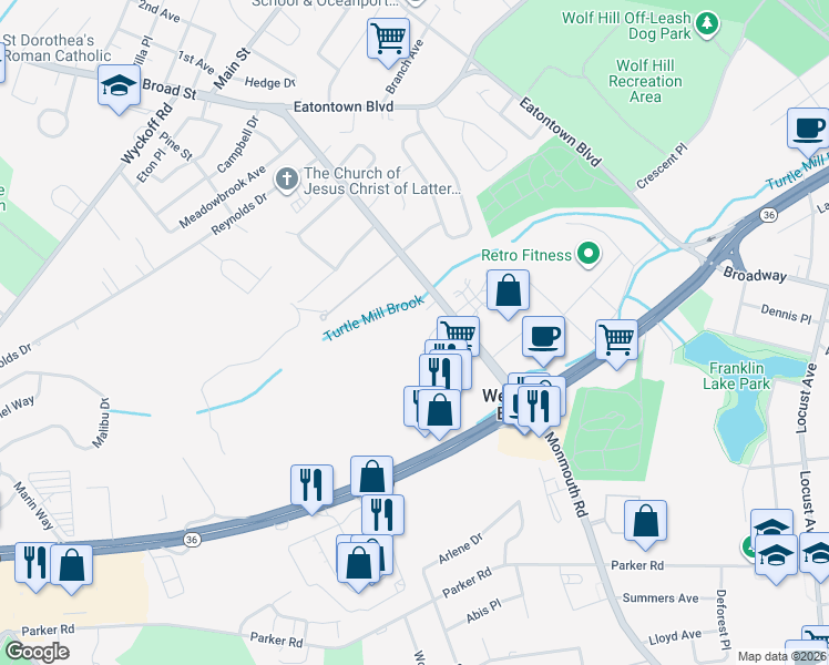 map of restaurants, bars, coffee shops, grocery stores, and more near in West Long Branch