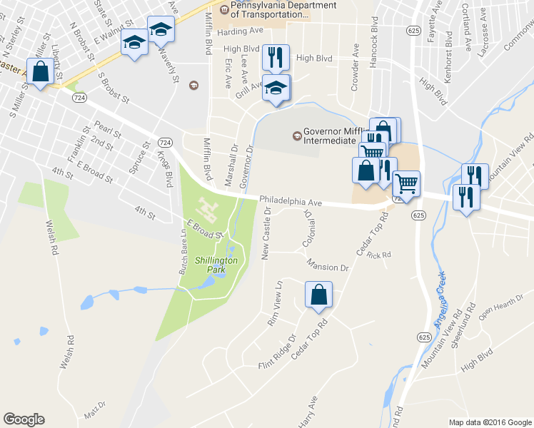 map of restaurants, bars, coffee shops, grocery stores, and more near 100 Colonial Drive in Reading