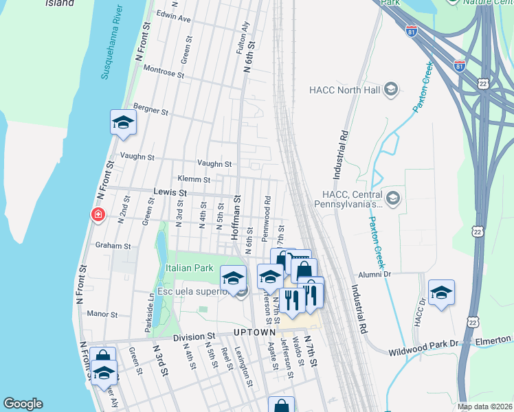 map of restaurants, bars, coffee shops, grocery stores, and more near 3152 Pennwood Road in Harrisburg
