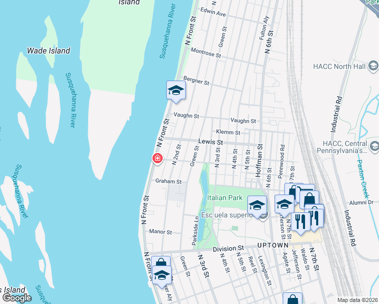 map of restaurants, bars, coffee shops, grocery stores, and more near 3110 Green Street in Harrisburg