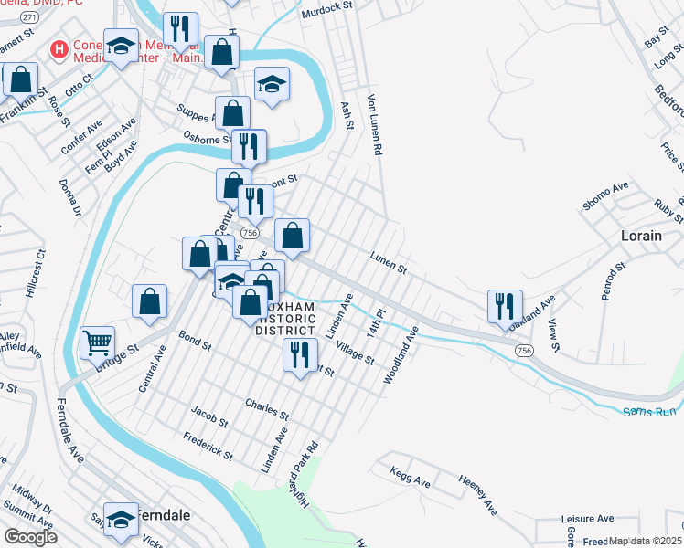 map of restaurants, bars, coffee shops, grocery stores, and more near 240 Ohio Street in Johnstown