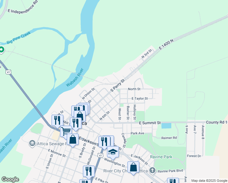 map of restaurants, bars, coffee shops, grocery stores, and more near 601 North Perry Street in Attica
