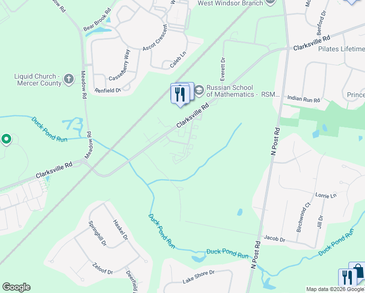 map of restaurants, bars, coffee shops, grocery stores, and more near 7 Jamie Brooks Lane in West Windsor Township
