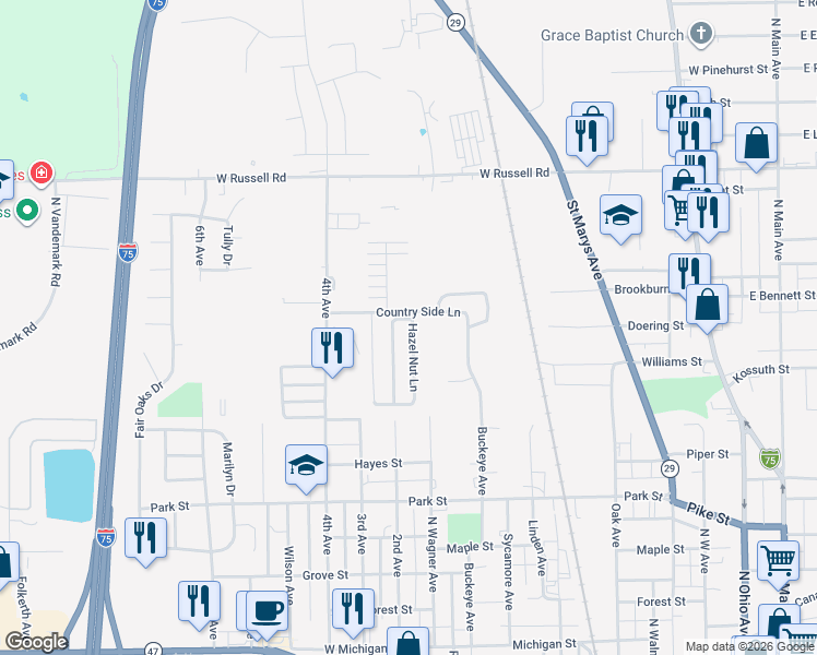 map of restaurants, bars, coffee shops, grocery stores, and more near 1001-1219 Hazel Nut Ln in Sidney