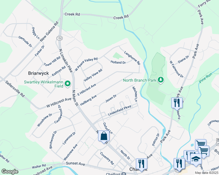 map of restaurants, bars, coffee shops, grocery stores, and more near 87 Hellberg Avenue in Chalfont