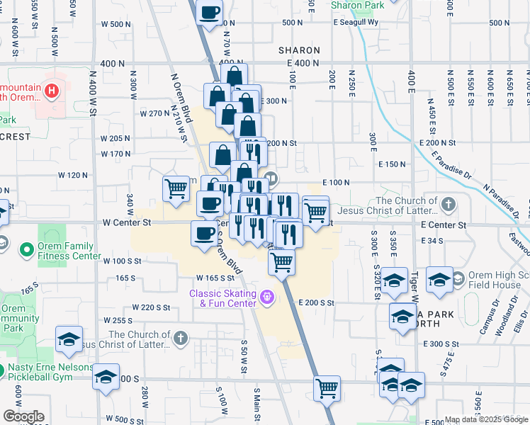 map of restaurants, bars, coffee shops, grocery stores, and more near in Orem