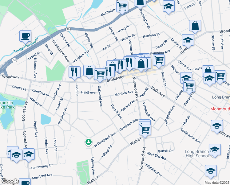 map of restaurants, bars, coffee shops, grocery stores, and more near 663 Morford Avenue in Long Branch