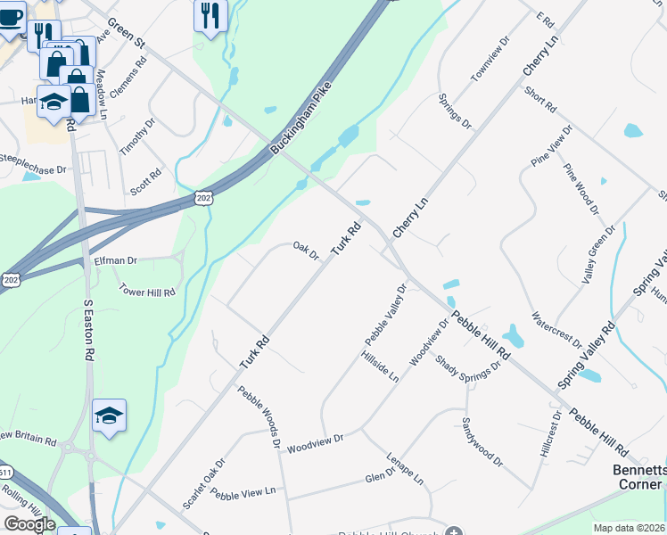 map of restaurants, bars, coffee shops, grocery stores, and more near 2387 Turk Road in Doylestown
