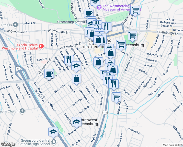 map of restaurants, bars, coffee shops, grocery stores, and more near 438 Westminster Avenue in Greensburg