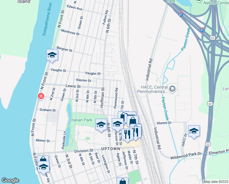 map of restaurants, bars, coffee shops, grocery stores, and more near 3152 Pennwood Road in Harrisburg