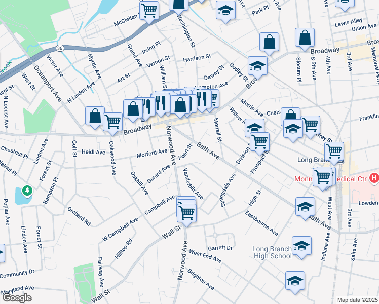 map of restaurants, bars, coffee shops, grocery stores, and more near 65 Pearl Street in Long Branch
