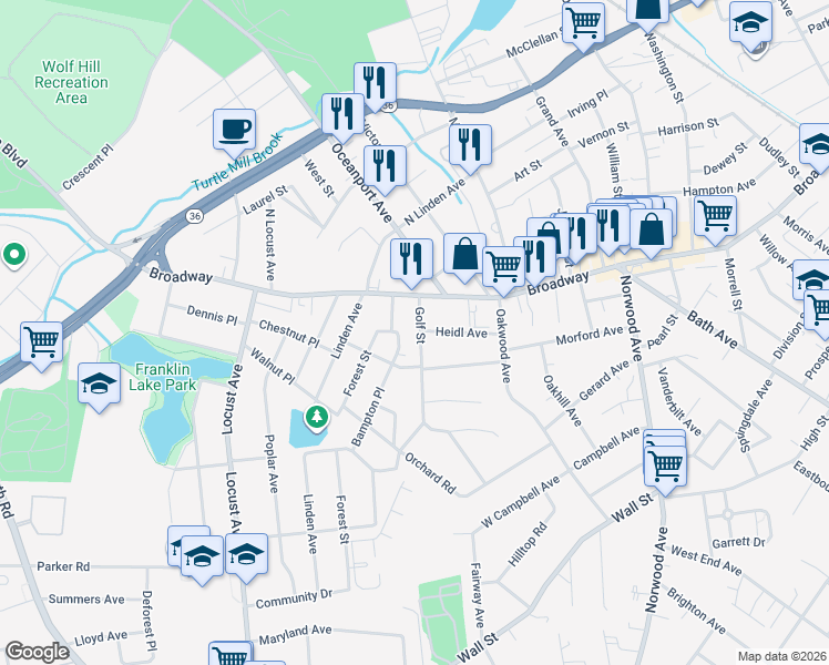 map of restaurants, bars, coffee shops, grocery stores, and more near 2 Bampton Place in West Long Branch