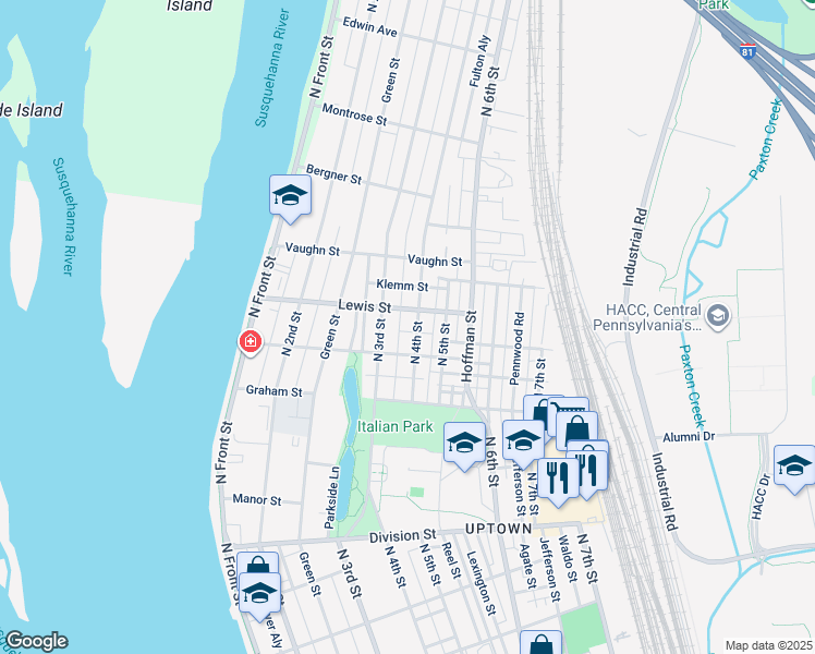 map of restaurants, bars, coffee shops, grocery stores, and more near North 4th Street in Harrisburg