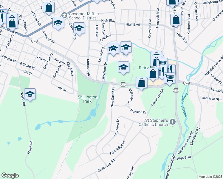 map of restaurants, bars, coffee shops, grocery stores, and more near 205 New Castle Drive in Shillington