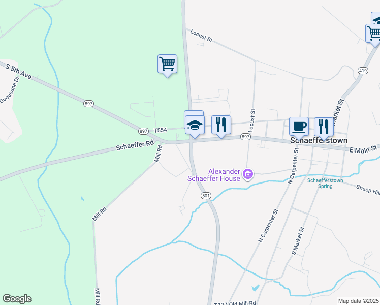 map of restaurants, bars, coffee shops, grocery stores, and more near 3013 Stiegel Pike in Myerstown