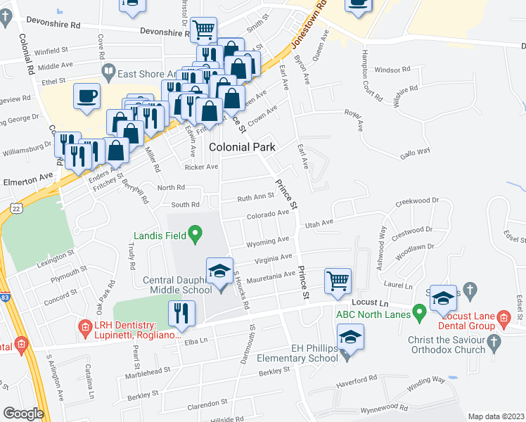 map of restaurants, bars, coffee shops, grocery stores, and more near 4922 Colorado Avenue in Harrisburg