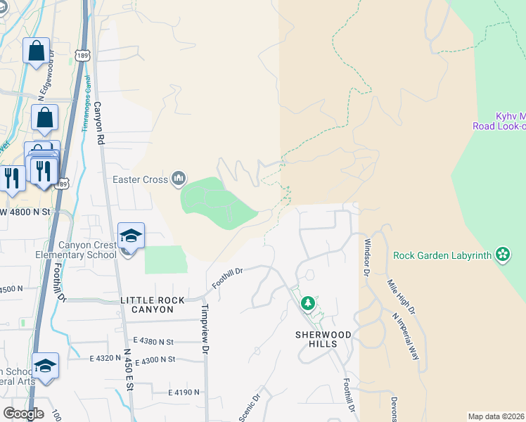 map of restaurants, bars, coffee shops, grocery stores, and more near 4800 North 650 East Street in Provo
