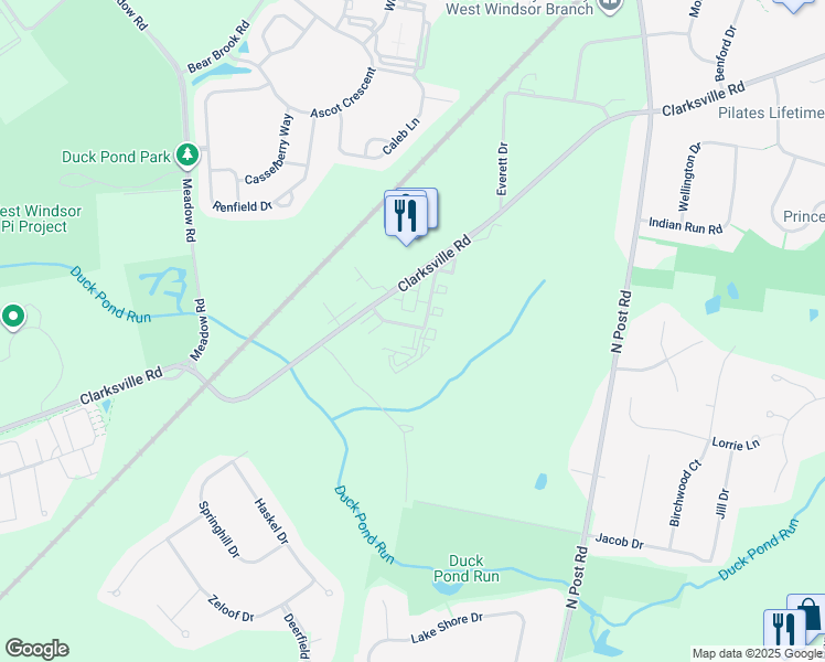 map of restaurants, bars, coffee shops, grocery stores, and more near 1 Jamie Brooks Lane in West Windsor Township