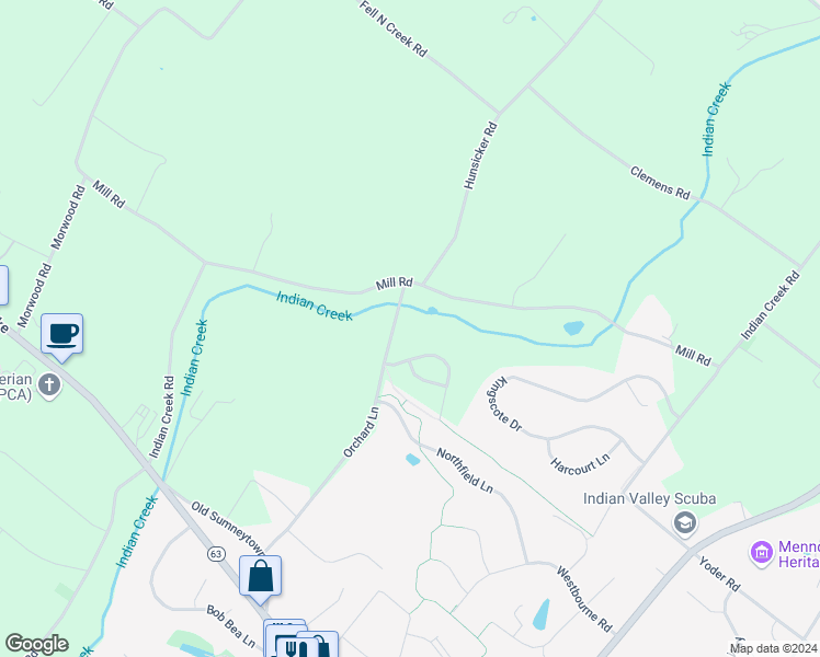 map of restaurants, bars, coffee shops, grocery stores, and more near 870 Orchard Lane in Harleysville