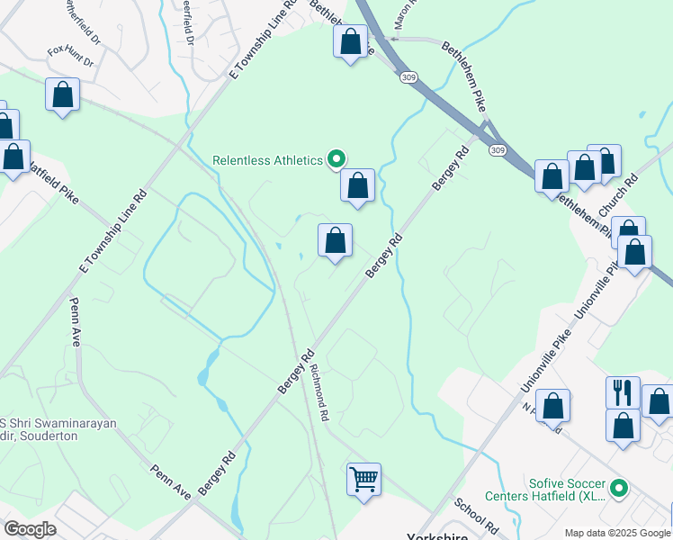 map of restaurants, bars, coffee shops, grocery stores, and more near 2880 Bergey Road in Hatfield