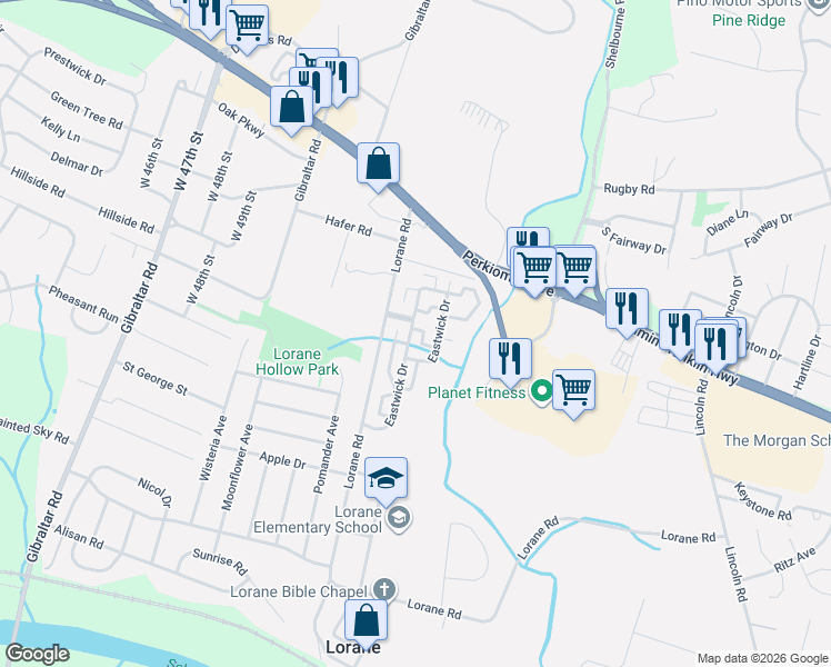 map of restaurants, bars, coffee shops, grocery stores, and more near 603 Eastwick Drive in Reading