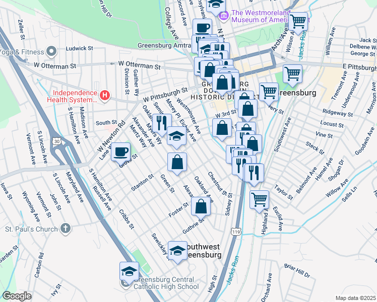 map of restaurants, bars, coffee shops, grocery stores, and more near 338 Stanton Street in Greensburg